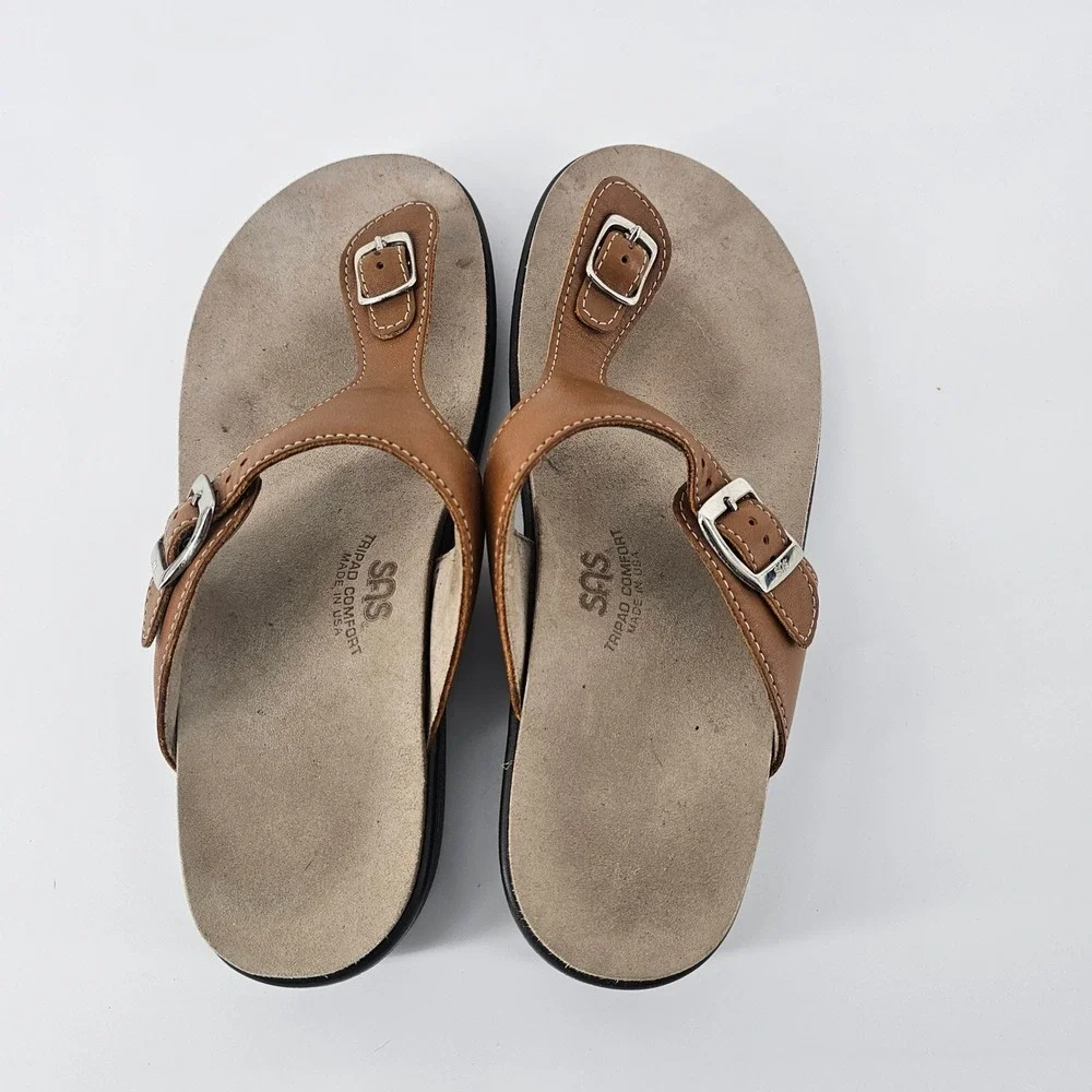 SAS Sanibel T-Strap Sandals 9.5 Brown Leather Buckle Tripad Comfort Granola